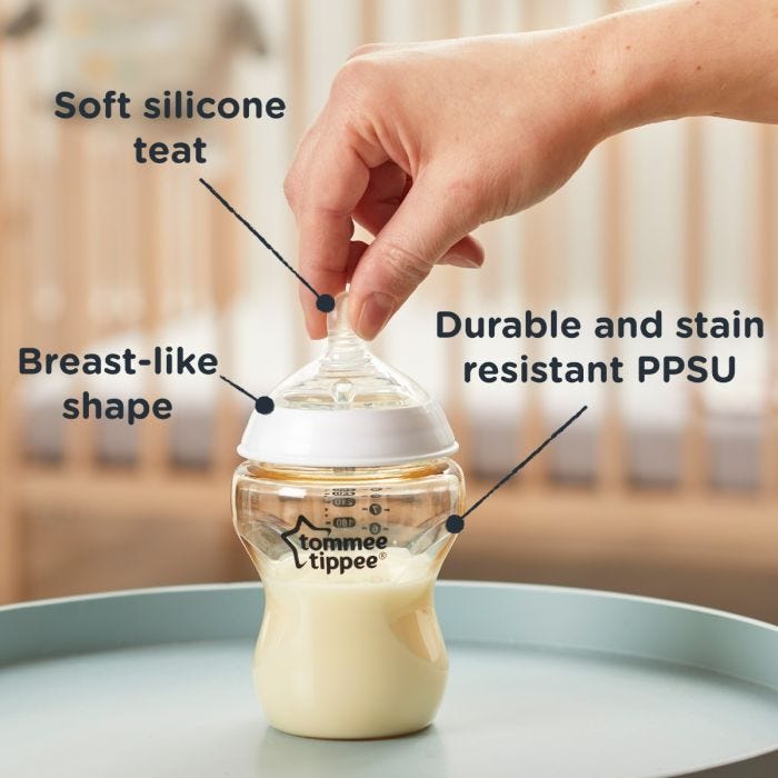 Baby drinking from PPSU bottle with text about how it’s durable and heat resistant
