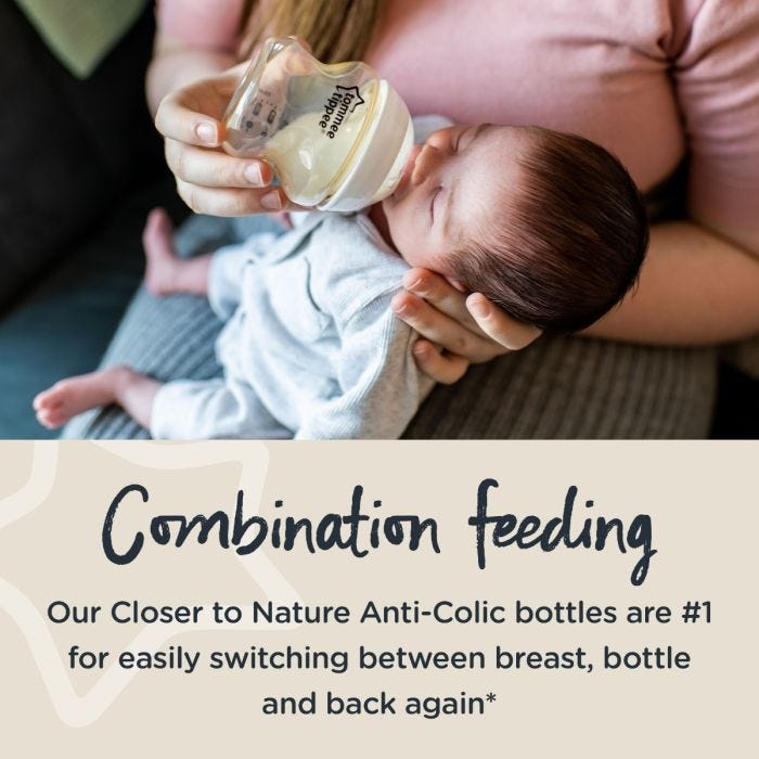 Baby drinking from PPSU bottle with text explaining how the easi-vent valve prevents symptoms of colic.