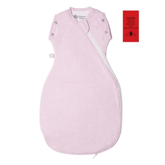 Pink Marl Grobag Snuggle with fire safety advisory label
