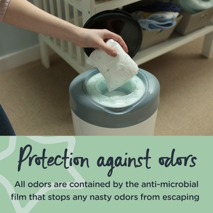 Someone placing a dirty diaper into their Simplee bin with text about how it protects against odors