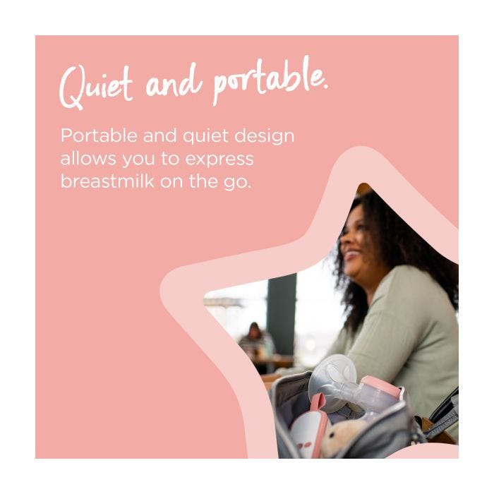 Mum sitting in café with manual pump peeping out of changing bag alongside text highlighting that it’s quiet and portable