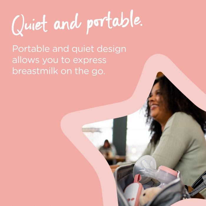Woman sitting in café with electric pump peeping out from her changing bag with text highlighting that it’s quiet and portable
