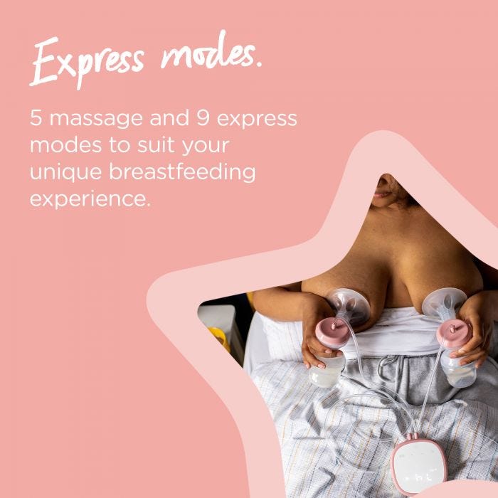 Woman expressing with both pumps simultaneously on a pink background with text about the 5 massage and 9 express modes