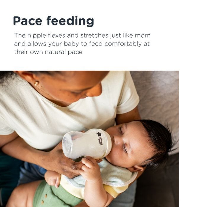 Aerial view of baby drinking milk from Natural Start bottle with text about pace feeding