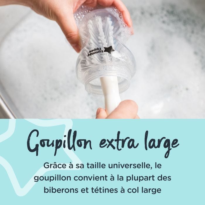 Gros plan d&apos;un goupillon à l&apos;intérieur d&apos;un biberon avec un texte sur l&apos;universalité du goupillon extra-large