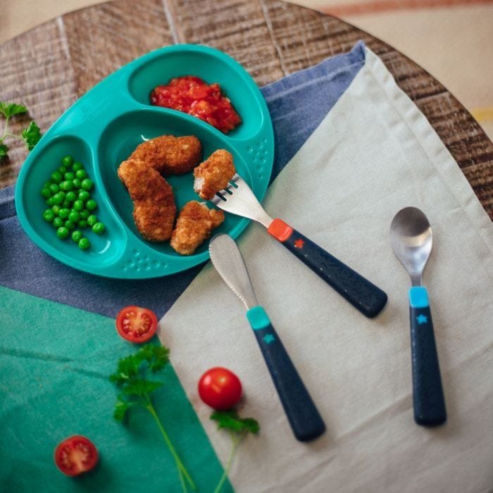 over head shot of Big kids first cutlery set and plates