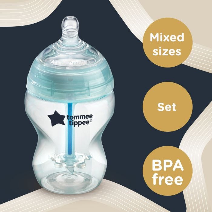1x Closer to Nature Advanced Anti-Colic baby bottle on black background with roundels stating mixed sizes, set, BPA free.