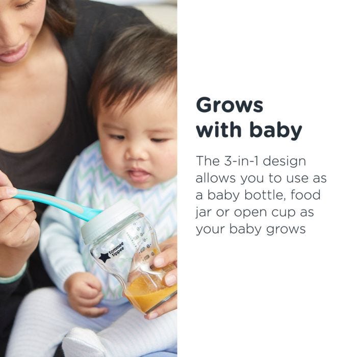 Mom feeding baby food from glass bottle with text about how the set grows with your baby