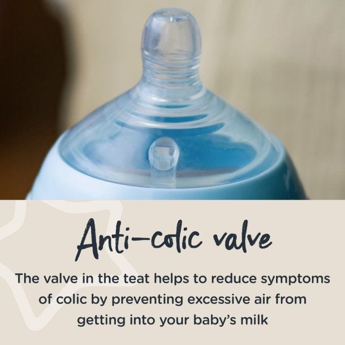 Close up of baby bottle’s teat with text about the anti-colic valve