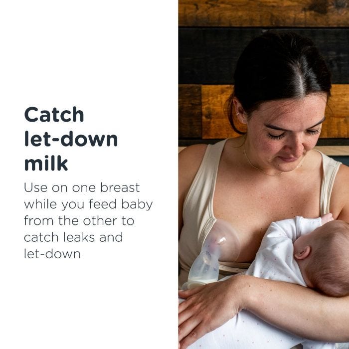 Woman using the silicone pump on one breast while she breastfeeds her baby from the other with text about catching let-down milk