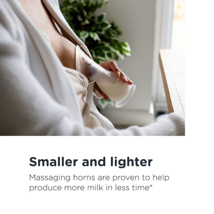 Mum using the silicone breast pump with text about how it’s smaller and lighter