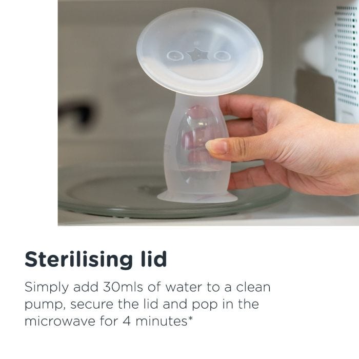 Someone placing the silicone pump in the microwave with text about the sterilising lid