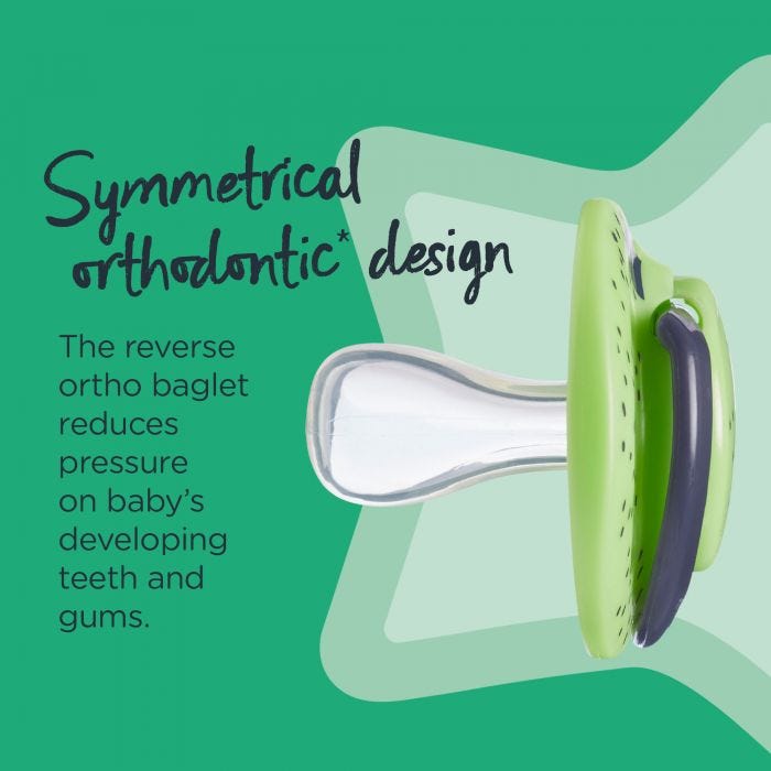 Side view of a Fun Style soother on a green background with text describing the benefits of the symmetrical orthodontic design.