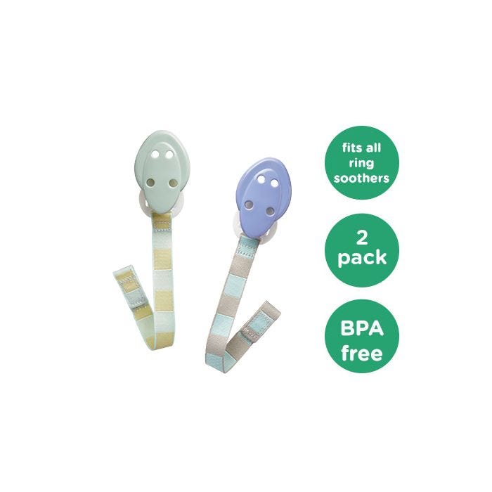 2 soother holders on a white background with roundels stating they fit all ring soothers, 2 pack and BPA free.