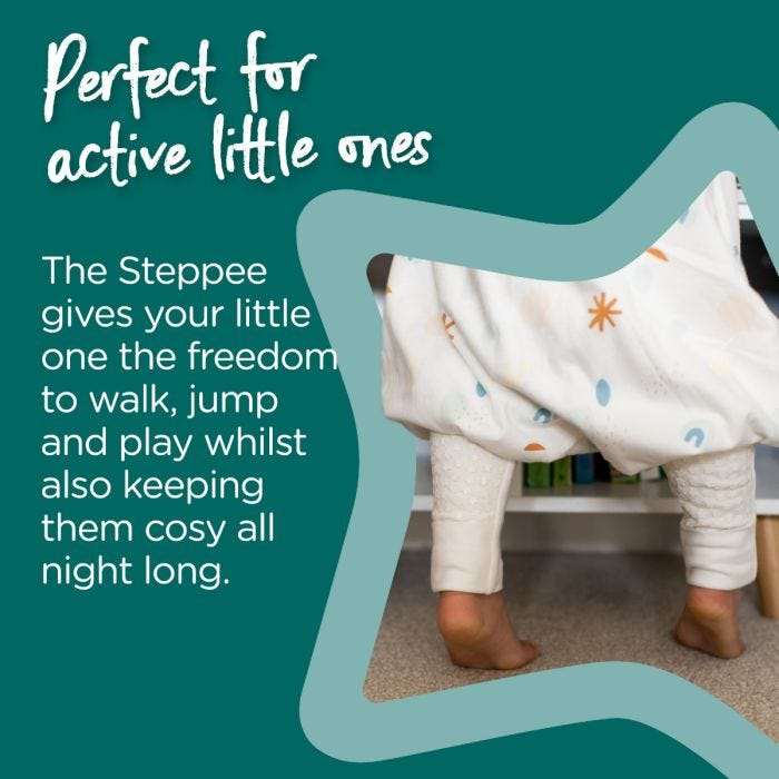 A child standing on their toes wearing a white Steppee next to text explaining how it is perfect for active children.