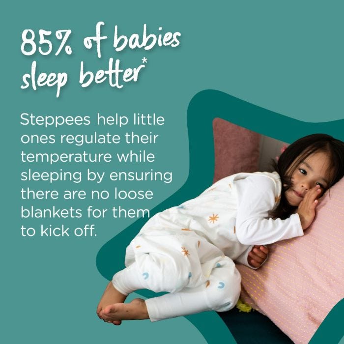 Child in white Steppee lying on her side with text.