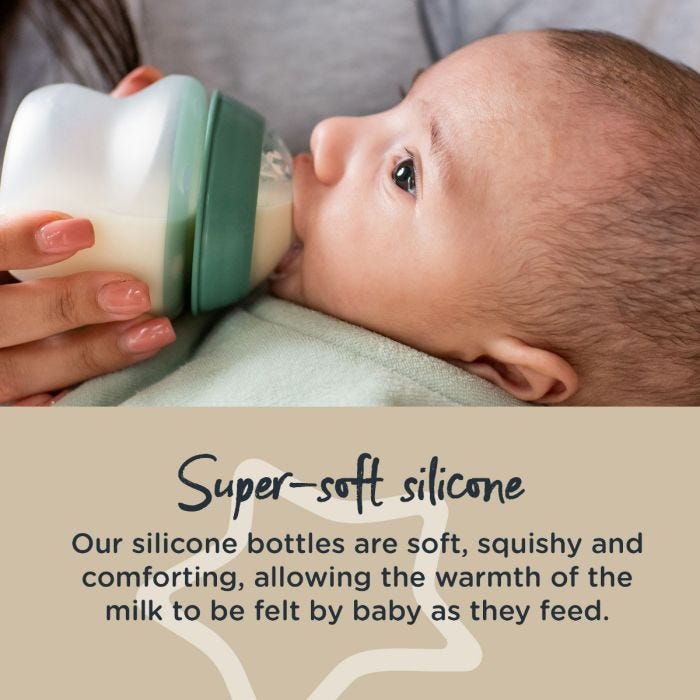 Baby being fed with a silicon bottle with text describing how these bottles are made from soft, squishy silicone.