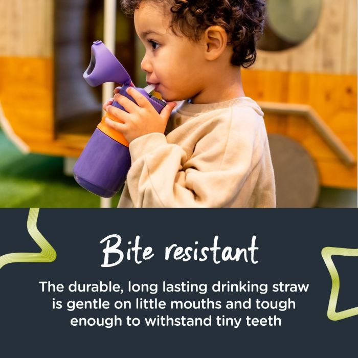 Little boy holding his bottle with text about how the straw is bite resistant