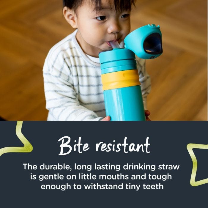 Little boy drinking from his blue bottle with text about the bite resistant straw