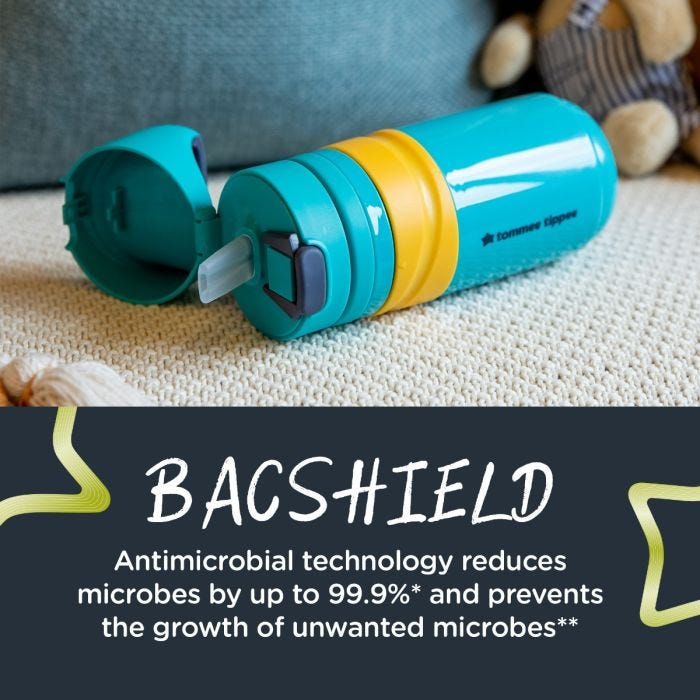 Blue bottle lying flat on a couch with text about the antimicrobial technology