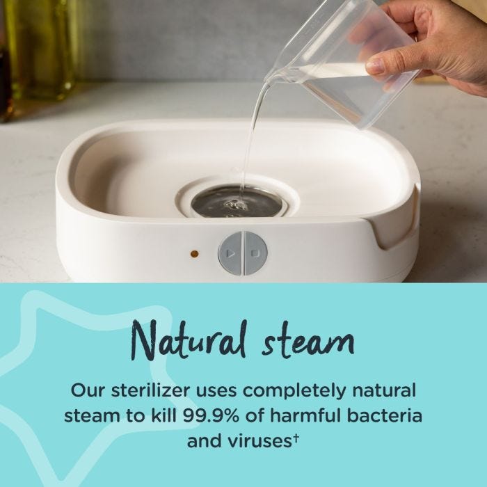 Someone pouring water into the base of their white sterilizer with text about how it uses natural steam