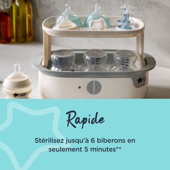 Stérilisateur à vapeur blanc ouvert sur le plan de travail avec texte expliquant qu&apos;il fait gagner du temps