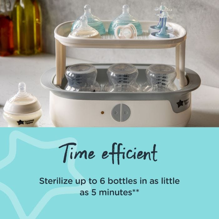 Open white steam sterilizer on a kitchen counter with text about how it’s time efficient