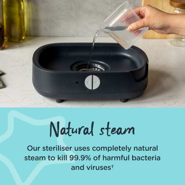 Someone pouring water into the base of their black steriliser with text about how it uses natural steam
