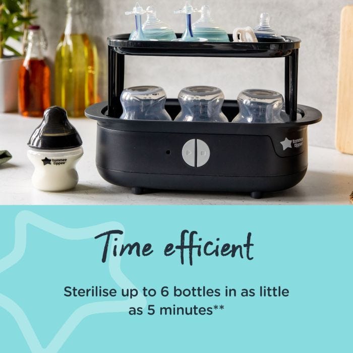 Open black steam steriliser on a kitchen counter with text about how it’s time efficient