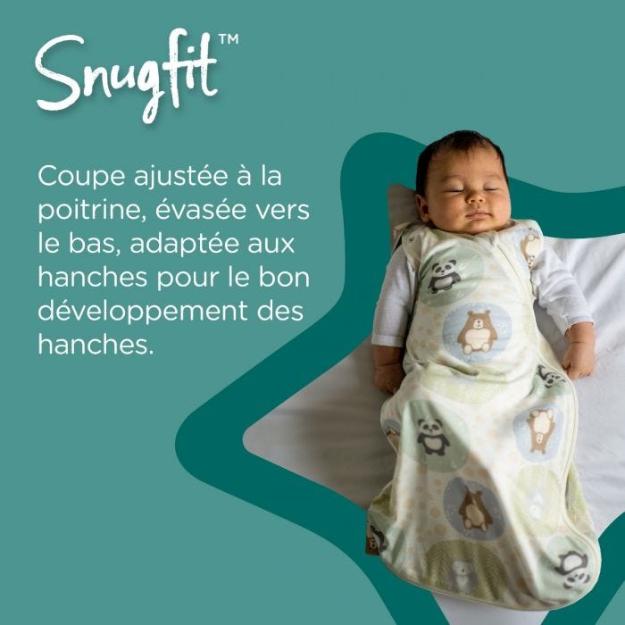 Bébé portant une gigoteuse d&apos;emmaillotage Grofriends et un texte expliquant que la gigoteuse sleepbag est bonne pour les hanches.
