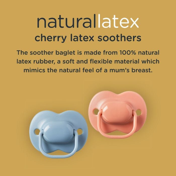 Image of cherry latex soothers with detail of how they mimic the natural feel of mums breast