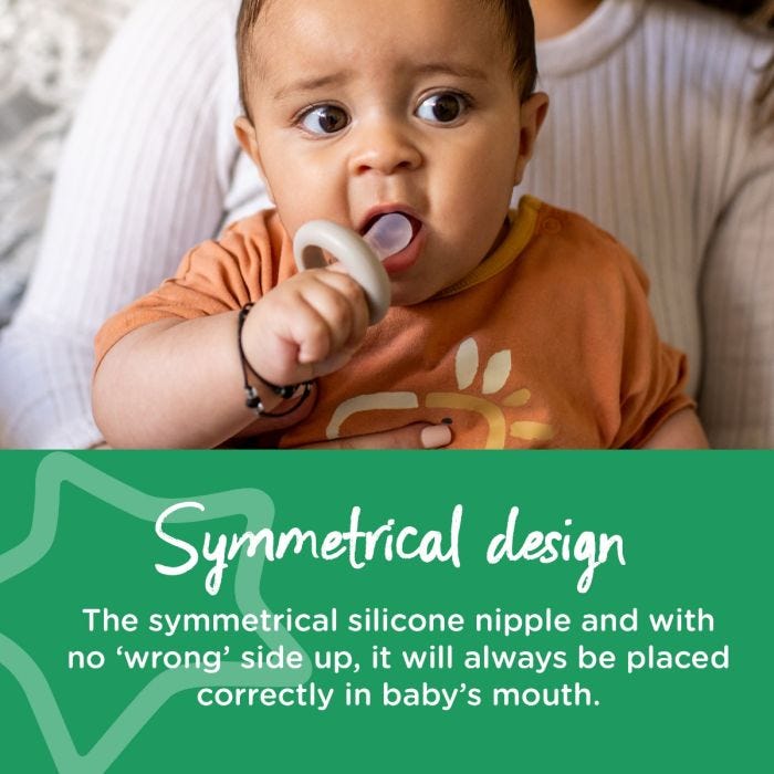 Baby holding a breast-like pacifier nipple to his mouth with describing the benefits of the symmetrical design.