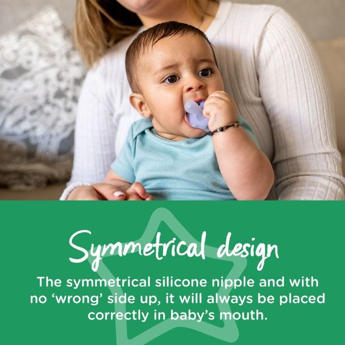 Baby holding an ultra-light pacifier nipple to his mouth with describing the benefits of the symmetrical design