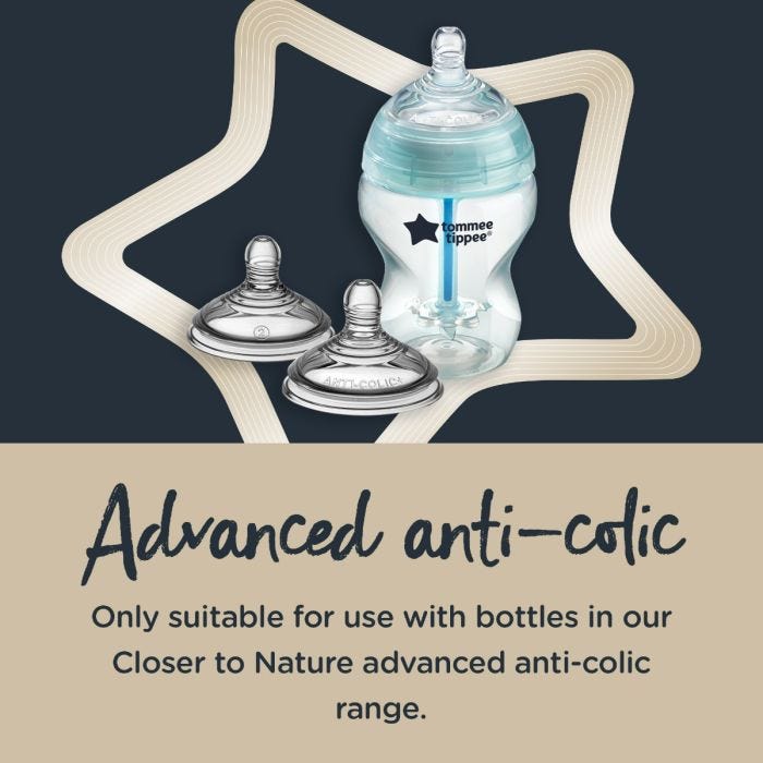 Anti-Colic baby bottle and teats with text stating these teats are only suitable for Advanced Anti-Colic baby bottles.