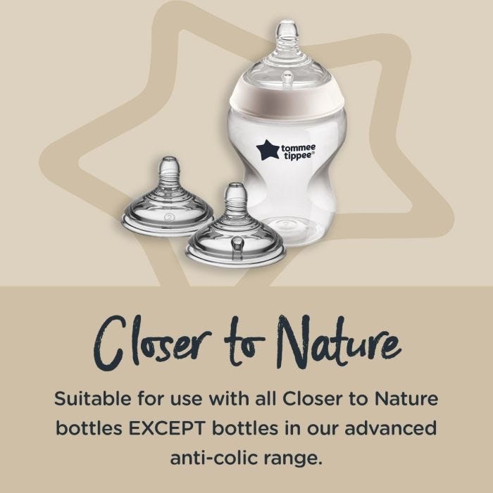 Baby in mom’s arms drinking from a Closer to Nature bottle with text below explaining the benefits of the breast-like teat.