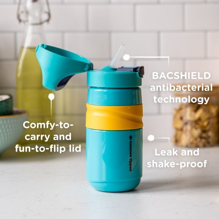 Blue flip top sportee cup with pointers to its antibacterial straw, lid handle and leak proof valve