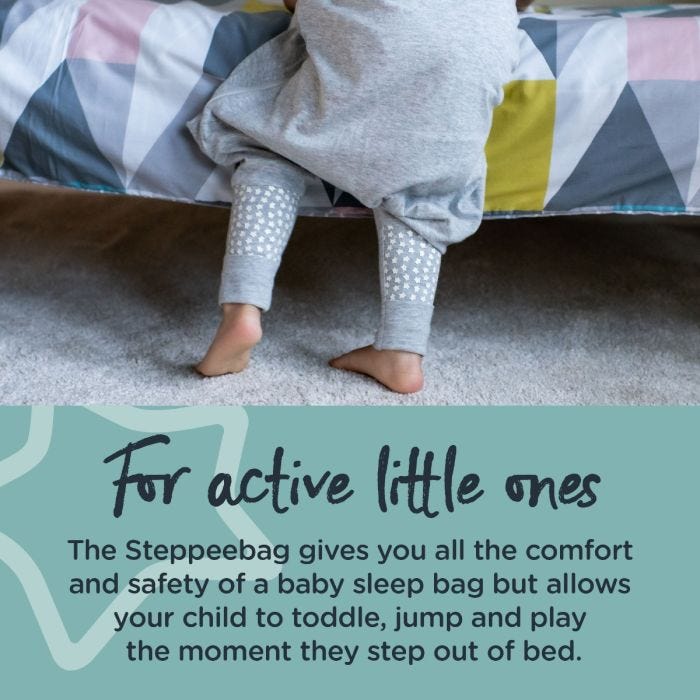 Child about to climb into bed wearing a steppee with text about how they’re great for active little ones