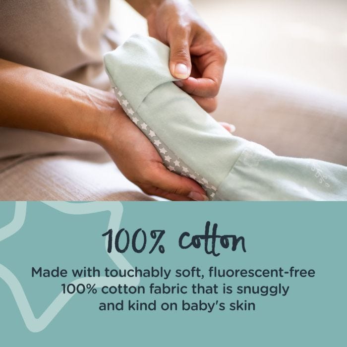 Parent putting steppe sleepsuit over childs foot with text about how it is made from 100% cotton