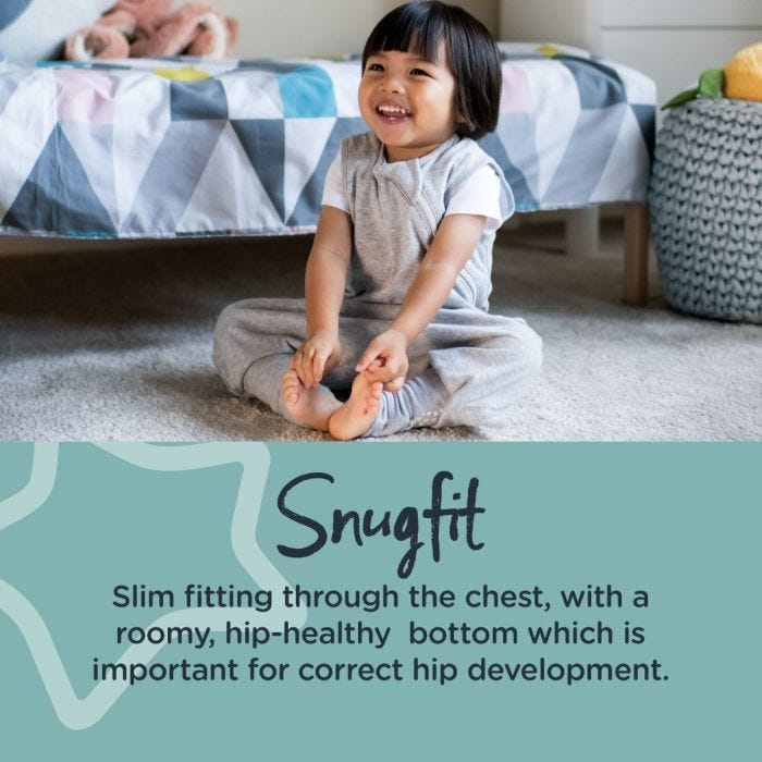Child sitting in bedroom in grey steppee with text about how it has a snugfit for correct hip development