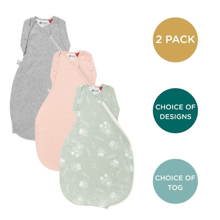Grey, woodland and blush swaddlebag on white background with 2 pack, choice of designs and tog roundels 