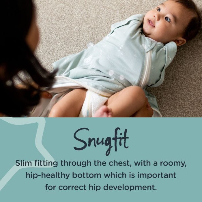 Child lying in bedroom whilst parent adjust their swaddle back with text about how it has a snugfit for correct hip development