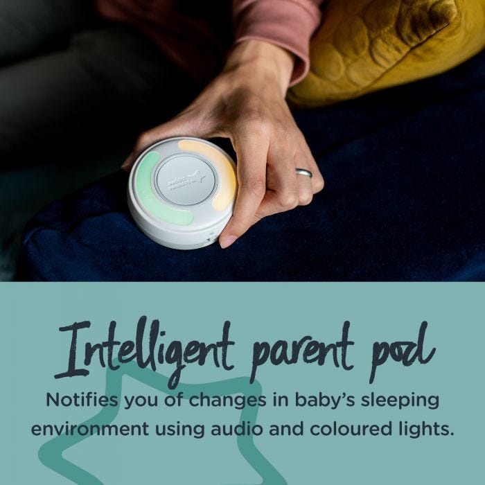 Hand holding the parent pod that is glowing green on one side and amber on the other. Text describing how the parent pod works.