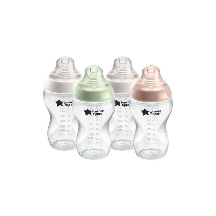 4x 340ml Closer to Nature baby bottles with green, cream and pink screwrings on a white background.