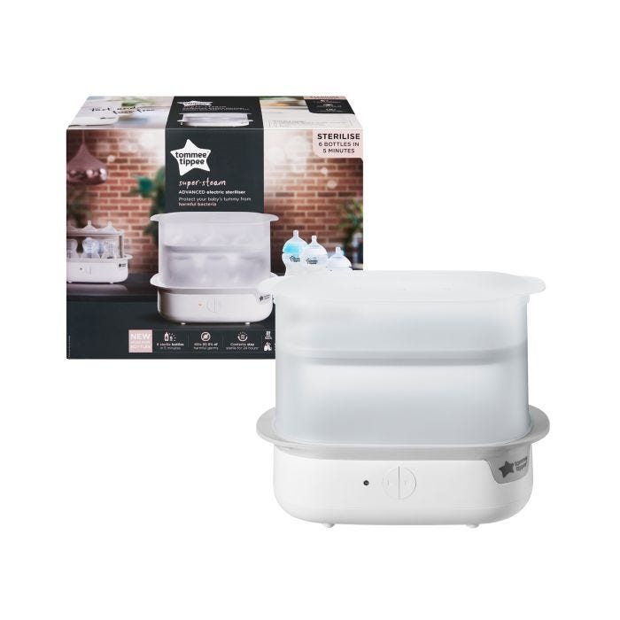Stérilisateur à vapeur blanc avec sa boîte sur un fond blanc