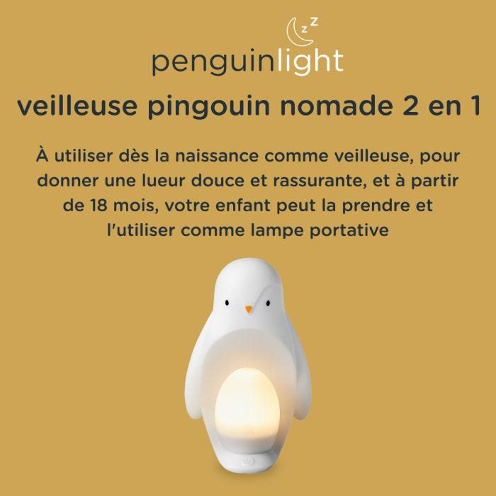 Veilleuse pingouin avec explication de comment l&apos;utiliser de la naissance à 3 ans