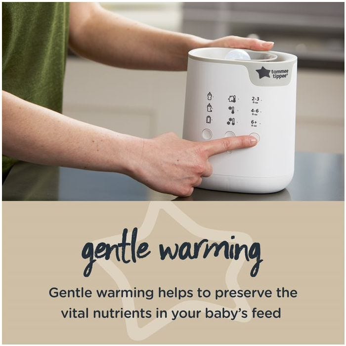 Bottle wamrer on a kitchen counter being held by person with text stating that it gently warms the bottle