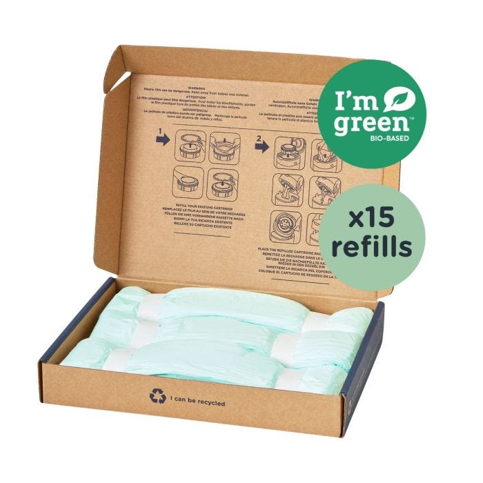 Open box of Twist & Click Eco Refills with x15 refills and I’m green roundel on white background