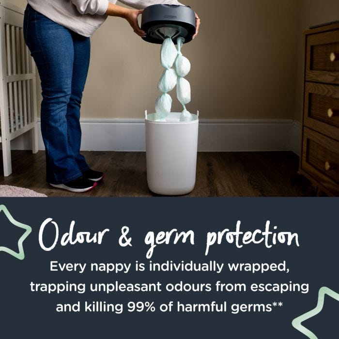 Someone lifting the lid of their Twist & Click bin to show individually wrapped nappies with text about germ and odour protection