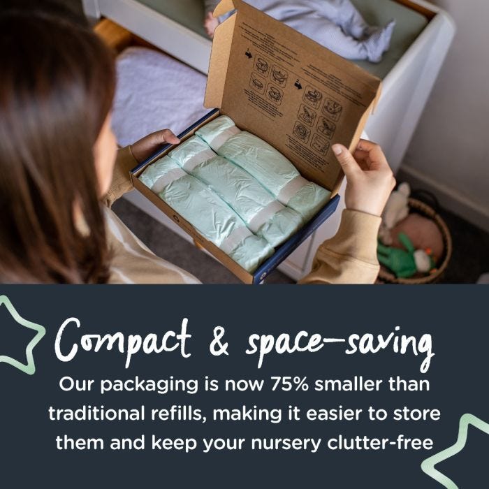 Someone opening the lid of their Eco Refill box with text about how they’re compact and space-saving