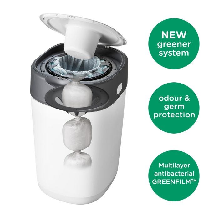 Twist & Click nappy bin with lid open showing how each nappy is individually twisted inside